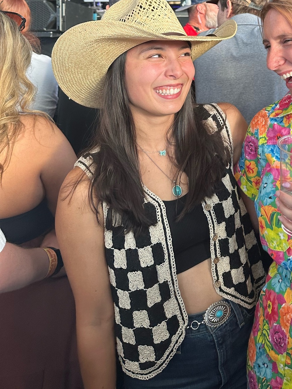 Checkered black & white button-up crochet knit vest